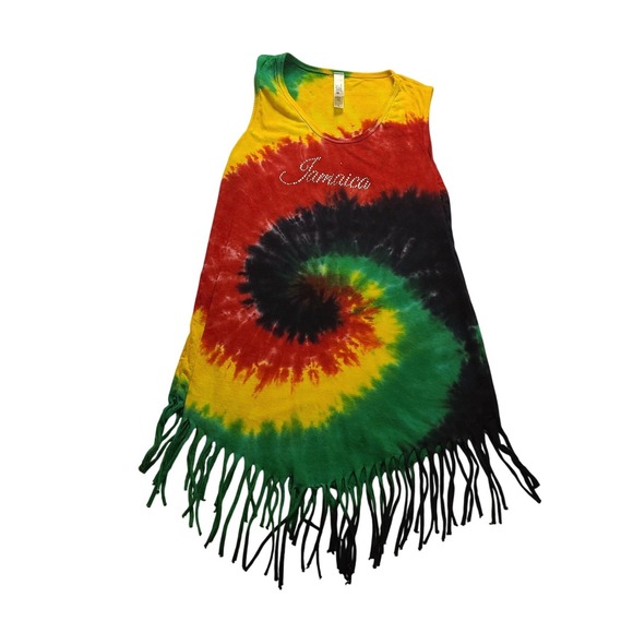Advance Apparels Tops - Jamaica Tie Dye Fringe Tank Top Rasta Rhinestone Sleeveless Women's Shirt Large